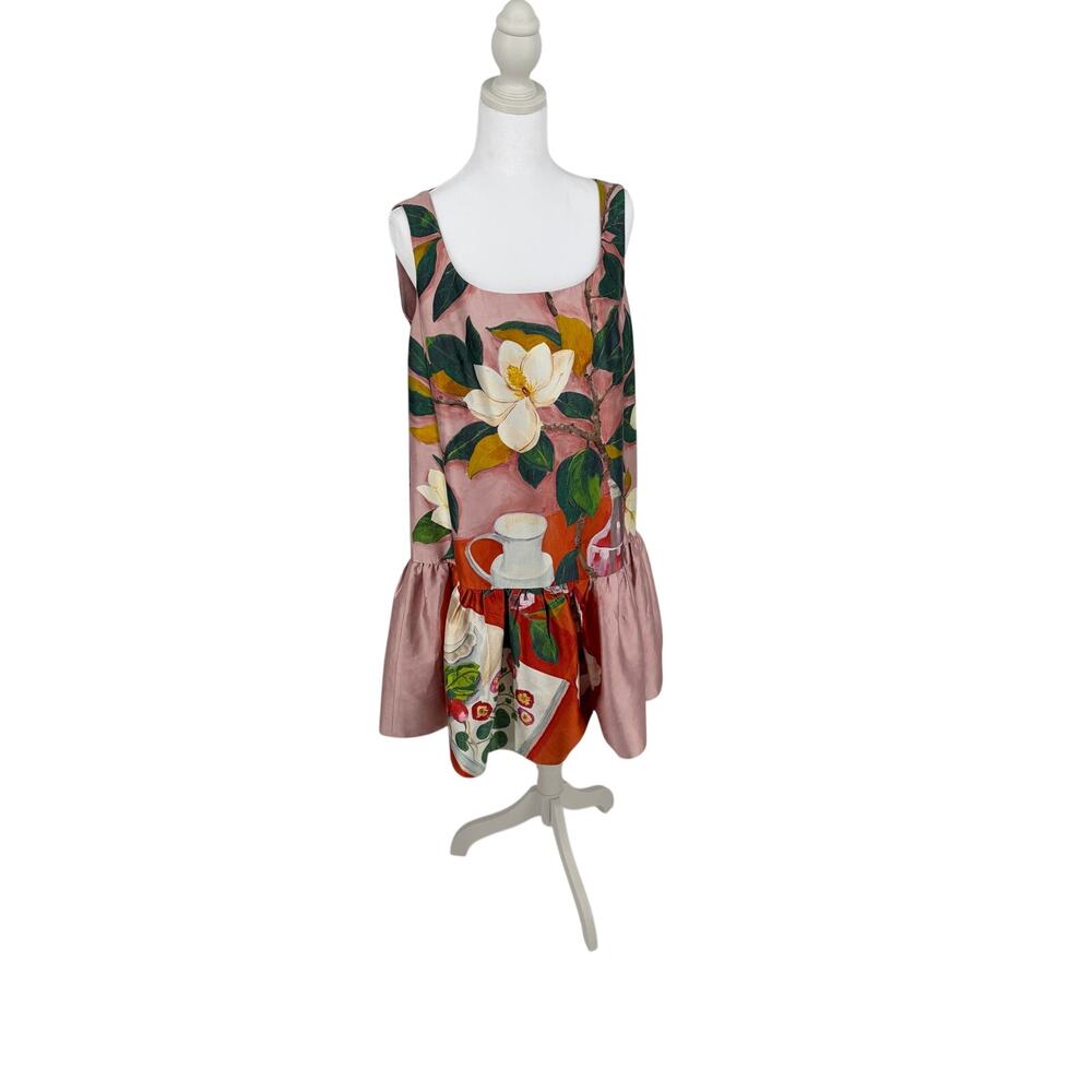 Oscar de la Renta Silk Magnolia Still Life Print Drop Waist Ruffle Dress Pink - Picture 3 of 9